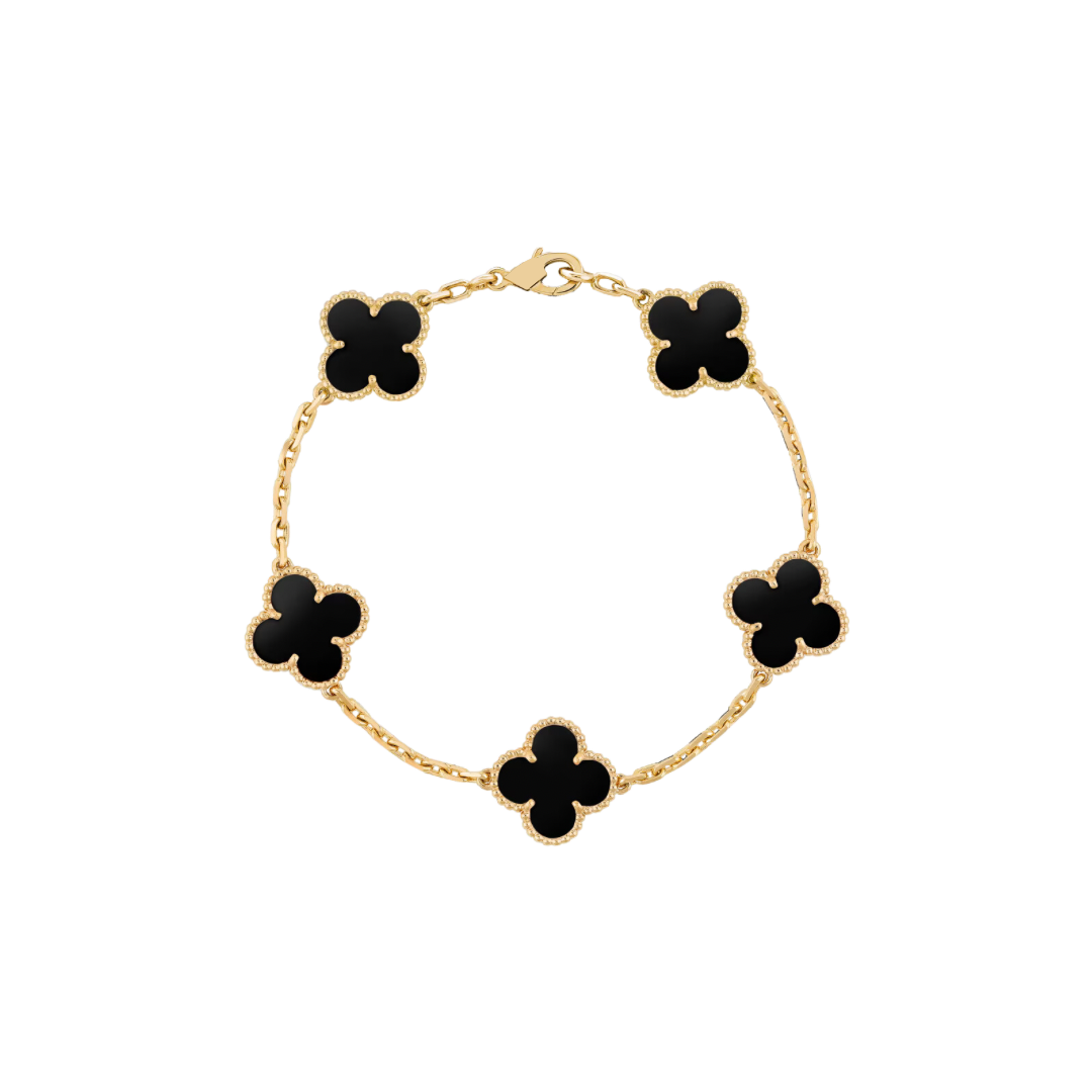 5 Clover 18K Solid Yellow Gold Black Bracelet