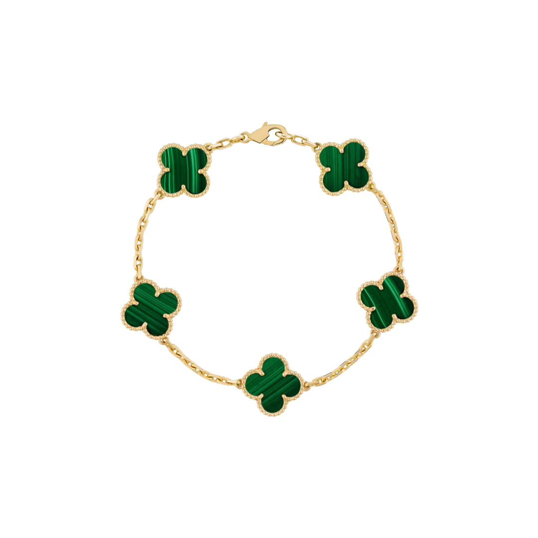 5 Clover 18K Solid Yellow Gold Green Bracelet