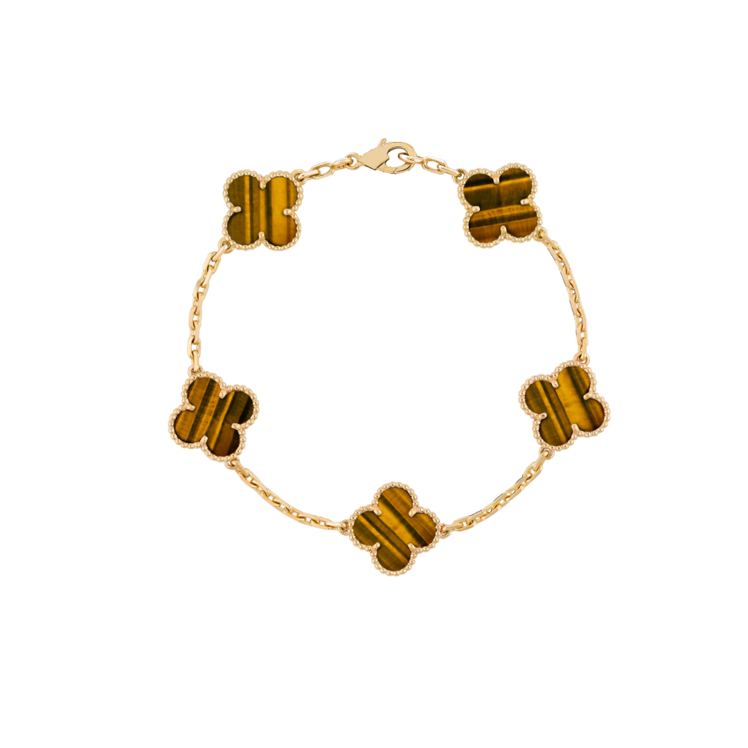 5 Clover 18K Solid Yellow Gold Tiger Eye Bracelet