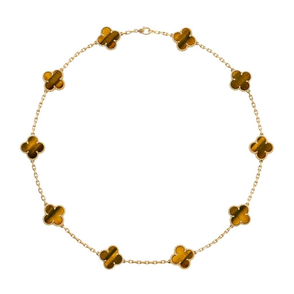 10 Clover 18K Solid Yellow Gold & Tiger-Eye Necklace