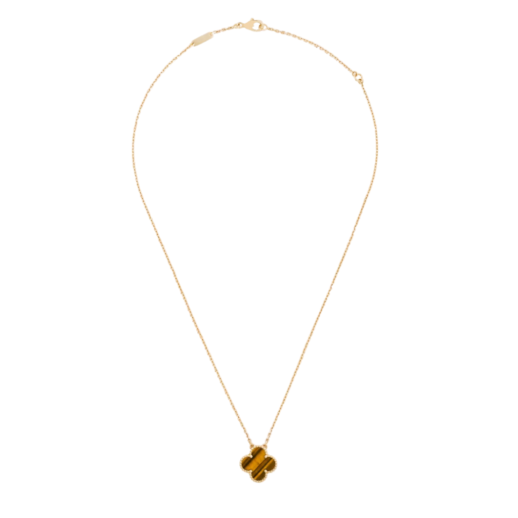 1 Clover 18K Solid Yellow Gold & Tiger Eye Necklace