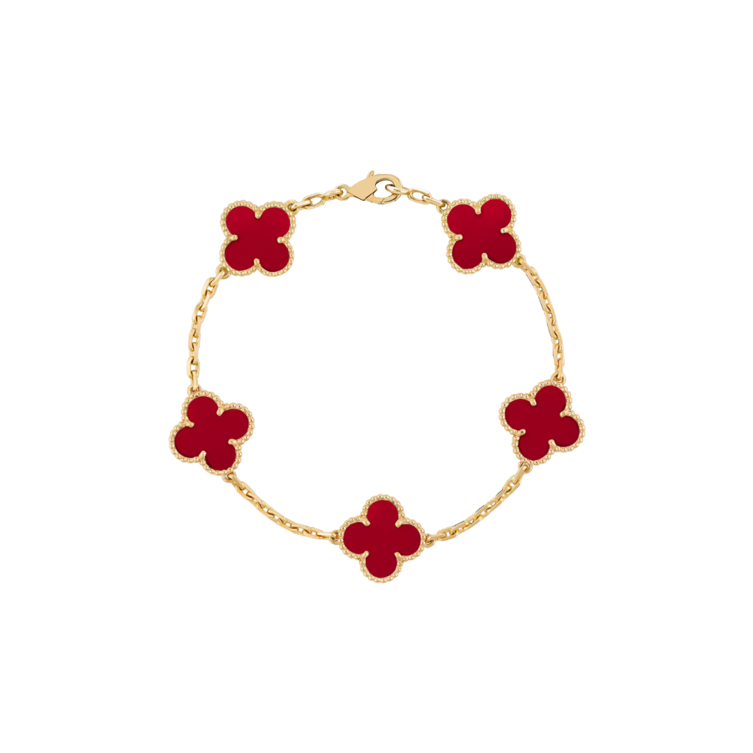 5 Clover 18K Solid Yellow Gold Red Bracelet