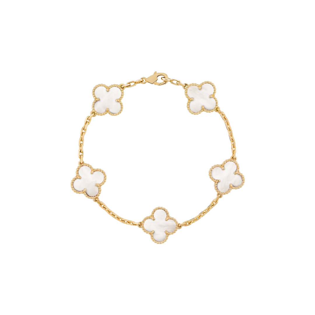 5 Clover 18K Solid Yellow Gold White Bracelet