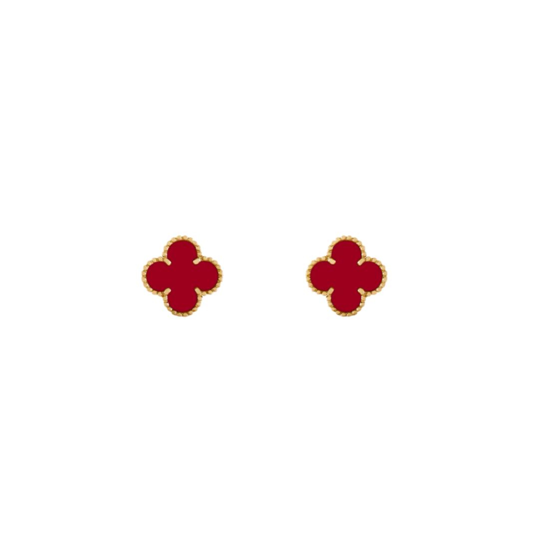 2 Clover 18K Solid Yellow Gold & Red Earrings