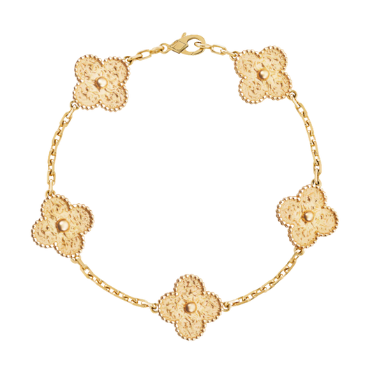 5 Clover 18K Hammered Full Solid Yellow Gold Bracelet