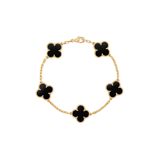 5 Clover 18K Solid Yellow Gold Black Bracelet