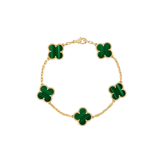 5 Clover 18K Solid Yellow Gold Green Bracelet