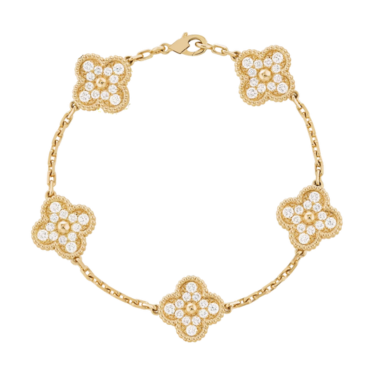 5 Clover 18K VS1 Diamond Solid Yellow Gold Bracelet