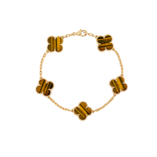 5 Clover 18K Solid Yellow Gold Tiger Eye Bracelet