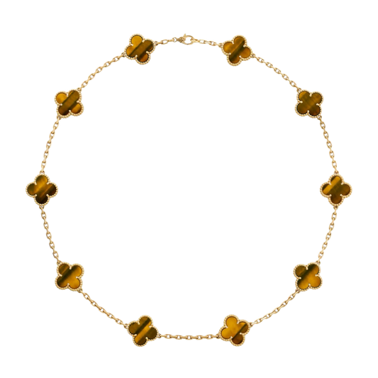 10 Clover 18K Solid Yellow Gold & Tiger-Eye Necklace