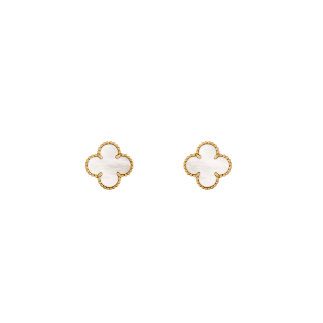 2 Clover 18K Solid Yellow Gold & White Earrings