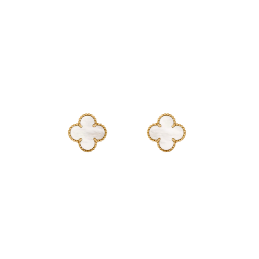 2 Clover 18K Solid Yellow Gold & White Earrings