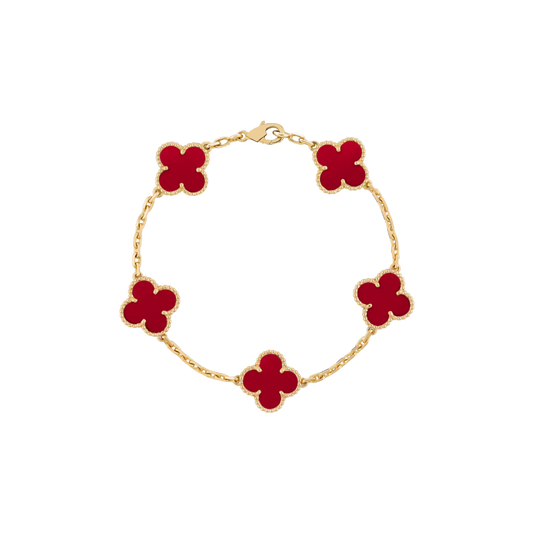 5 Clover 18K Solid Yellow Gold Red Bracelet