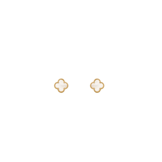 Small 2 Clover 18K Solid Yellow Gold & White Earrings