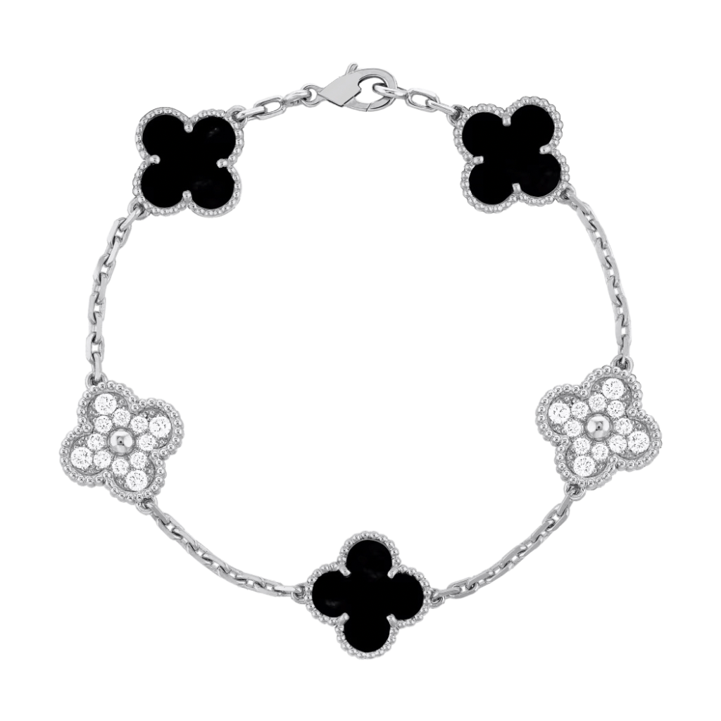 5 Clover 18K VS1 Diamond Solid White Gold & Black Bracelet