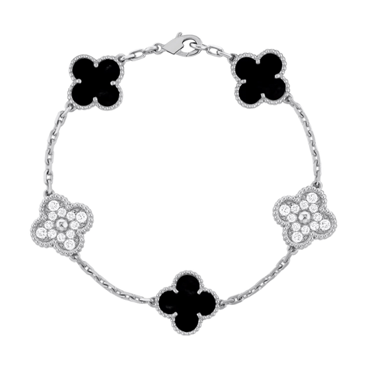 5 Clover 18K VS1 Diamond Solid White Gold & Black Bracelet