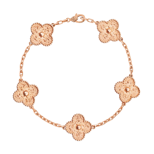 5 Clover 18K Hammered Full Solid Rose Gold Bracelet