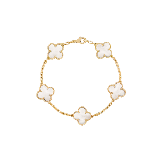 5 Clover 18K Solid Yellow Gold White Bracelet
