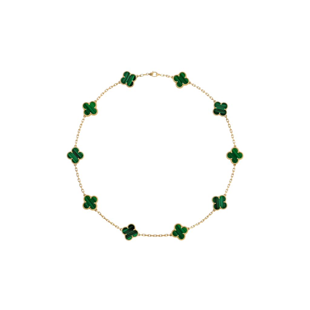 10 Clover 18K Solid Yellow Gold & Green Necklace
