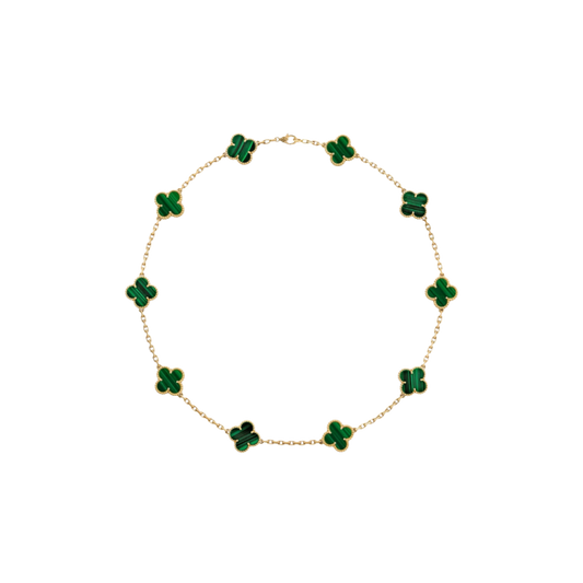 10 Clover 18K Solid Yellow Gold & Green Necklace