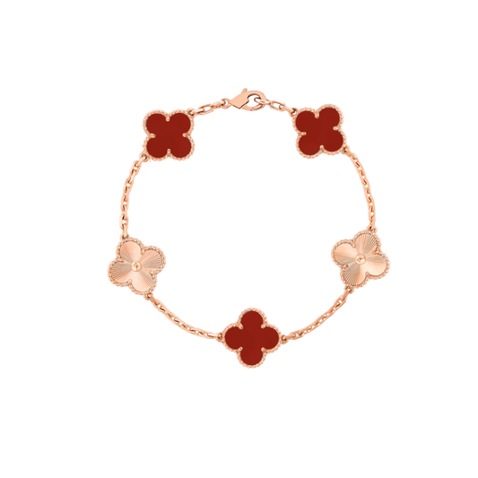 5 Clover 18K Solid Yellow Gold & Carnelian Bracelet