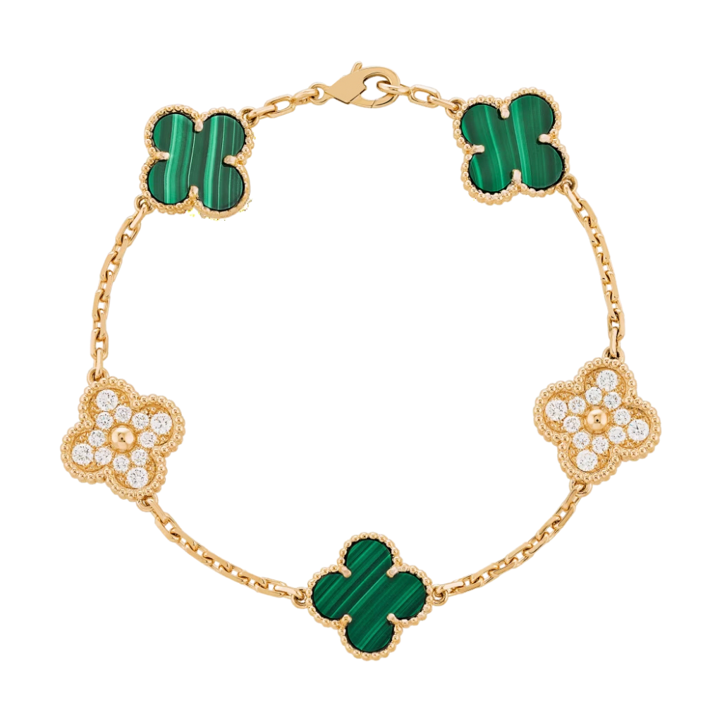5 Clover 18K VS1 Diamond Solid Yellow Gold & Green Bracelet