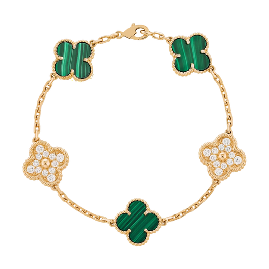 5 Clover 18K VS1 Diamond Solid Yellow Gold & Green Bracelet