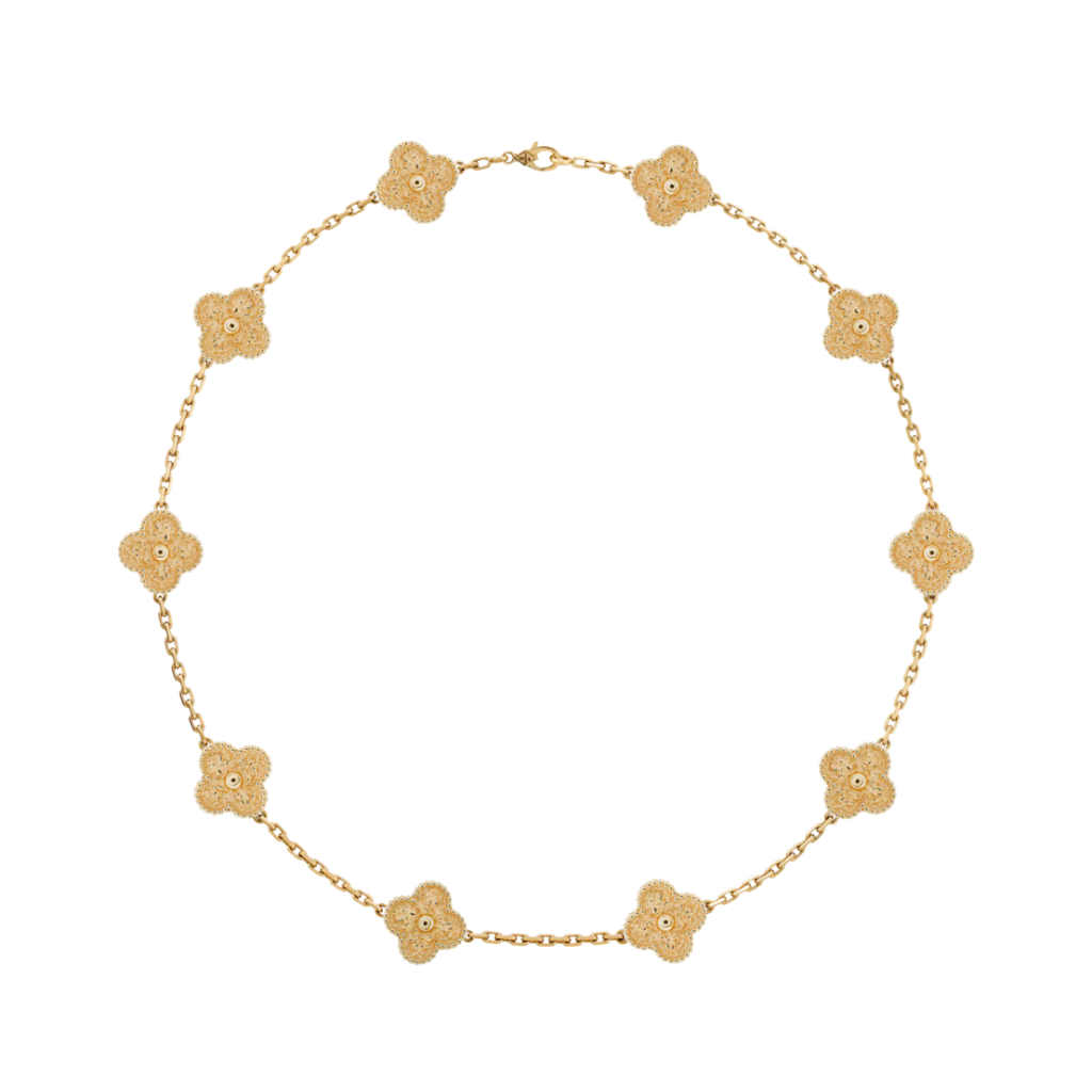 10 Clover 18K Full Solid Yellow Gold Necklace Hammered