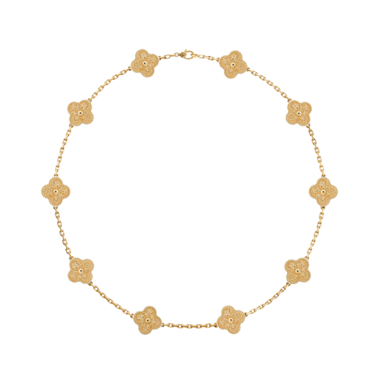 10 Clover 18K Full Solid Yellow Gold Necklace Hammered