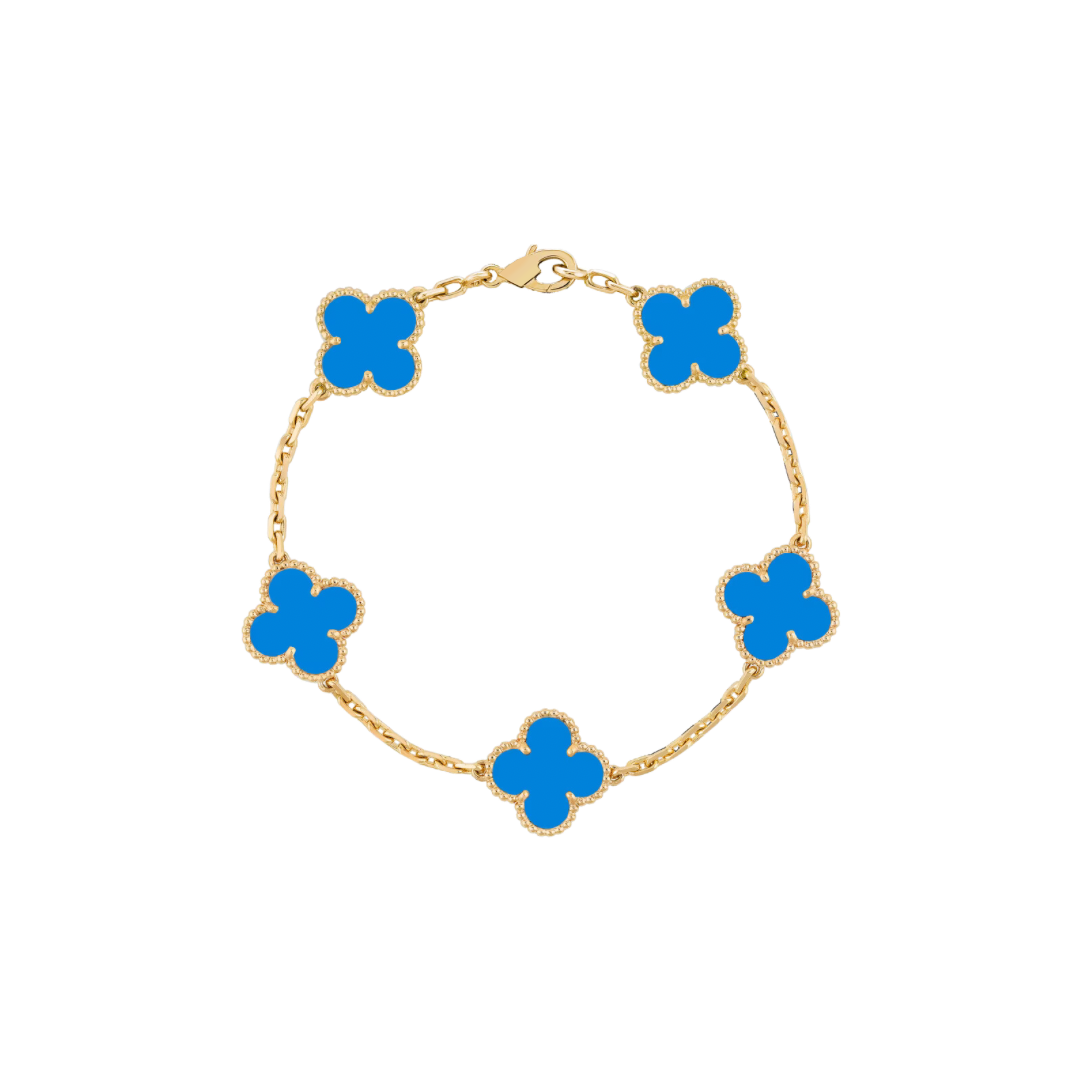 5 Clover 18K Solid Yellow Gold Blue Bracelet