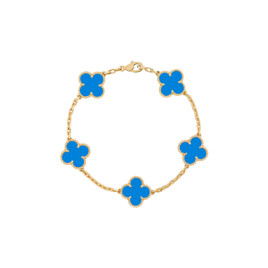 5 Clover 18K Solid Yellow Gold Blue Bracelet