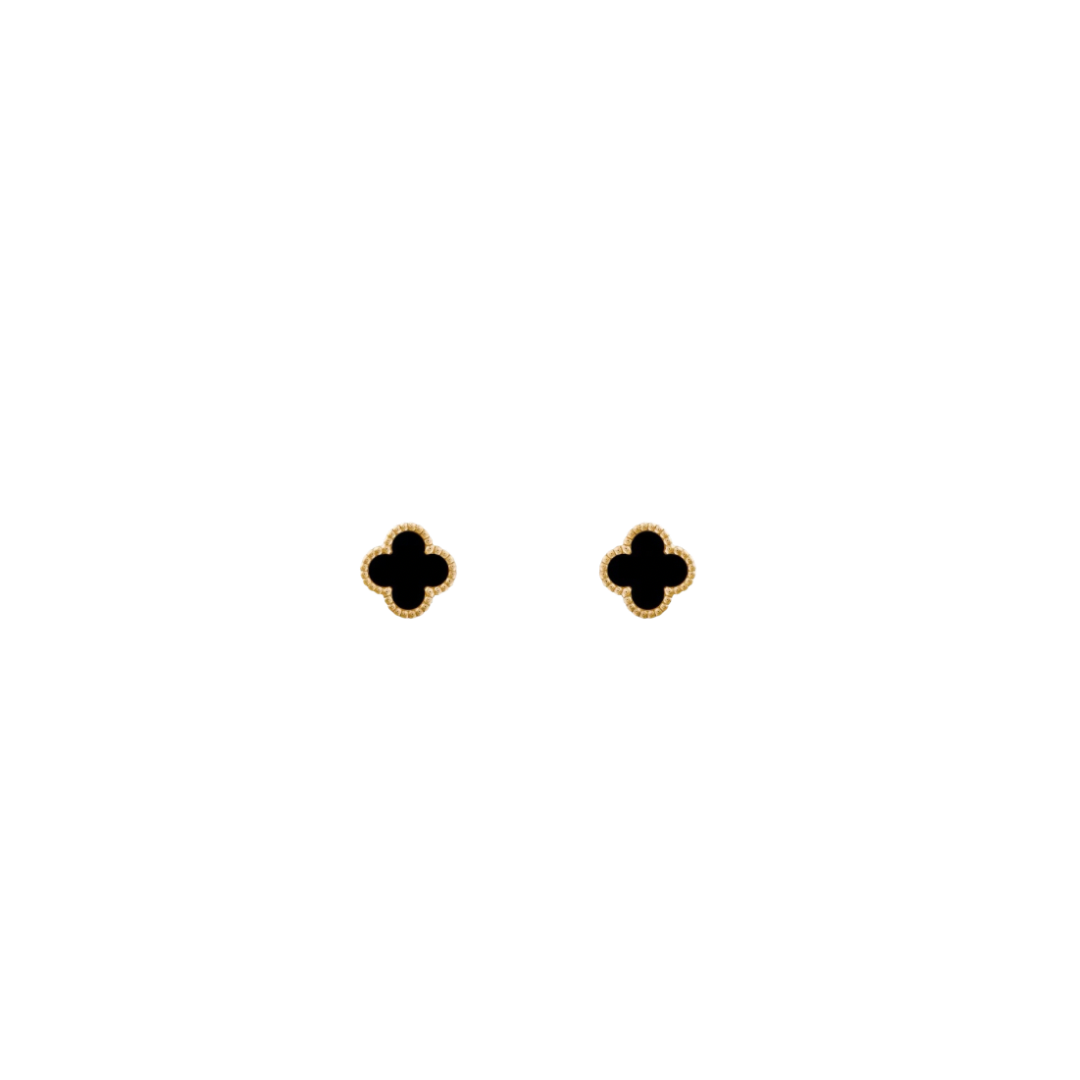 Small 2 Clover 18K Solid Yellow Gold & Black Earrings