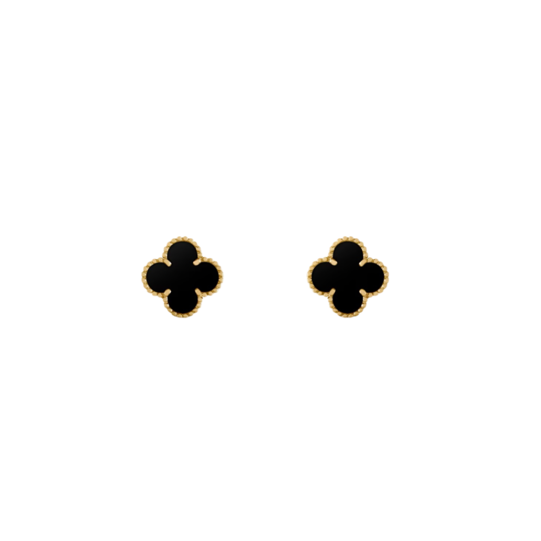 2 Clover 18K Solid Yellow Gold & Black Earrings