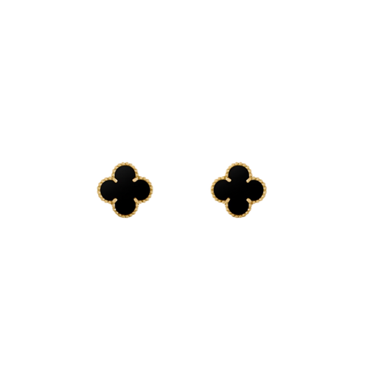 2 Clover 18K Solid Yellow Gold & Black Earrings