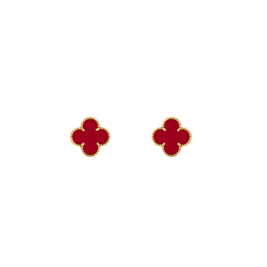 2 Clover 18K Solid Yellow Gold & Red Earrings