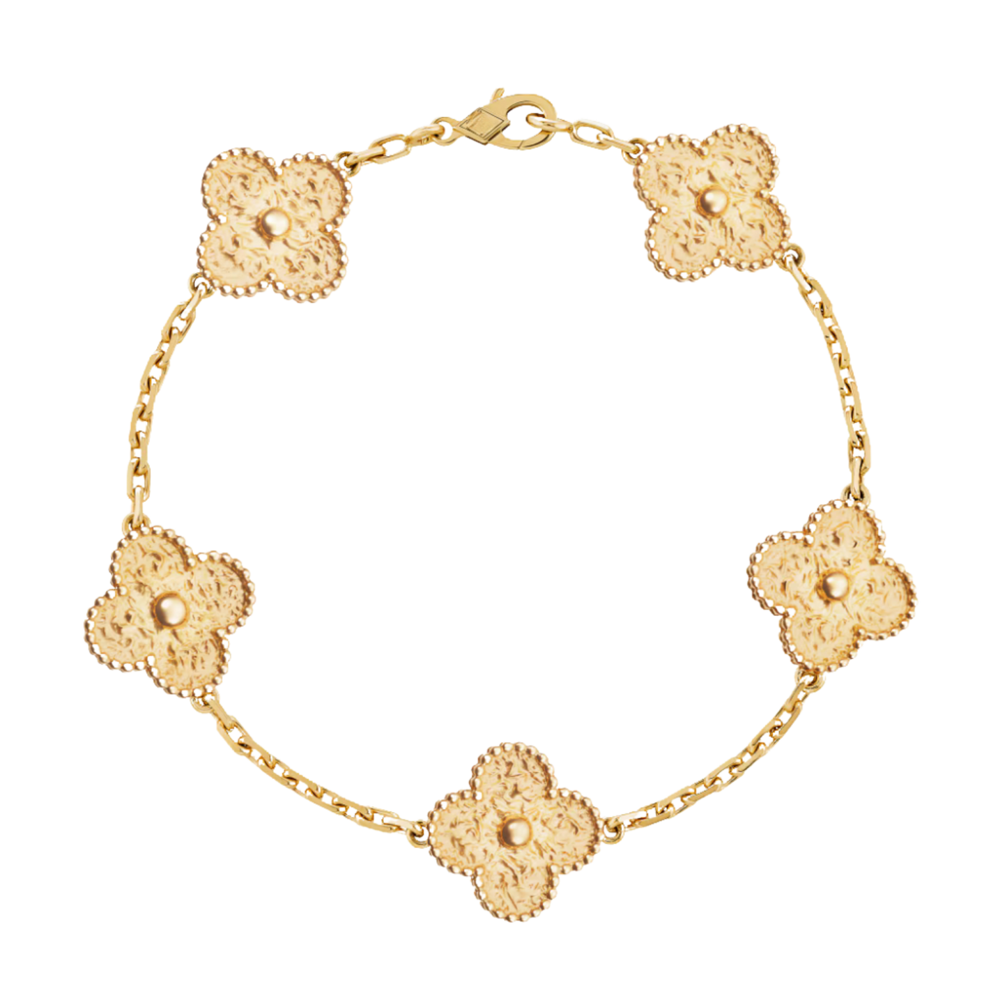 5 Clover 18K Hammered Full Solid Yellow Gold Bracelet